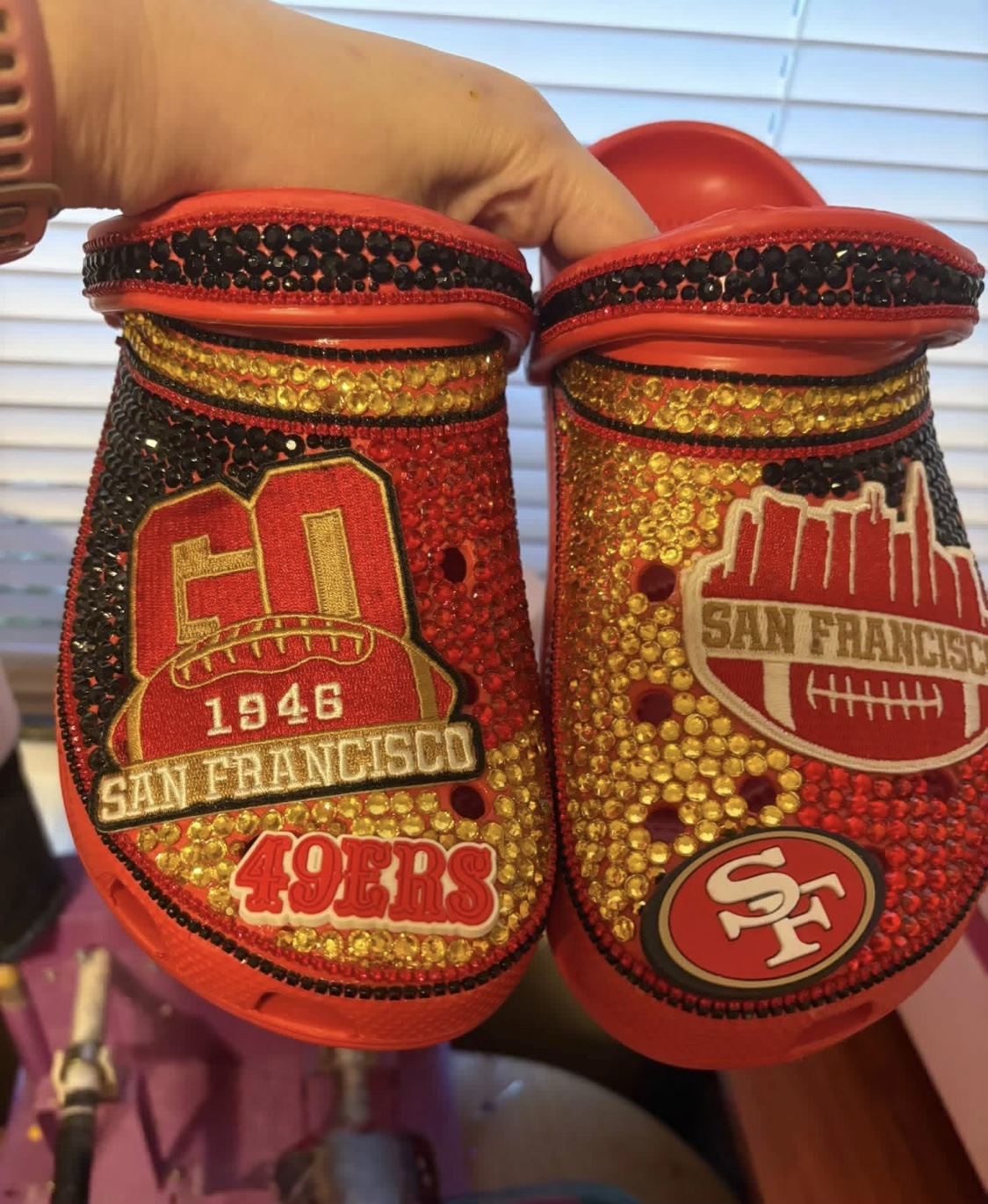 Custom red and gold San Francisco 49ers rhinestone Crocs